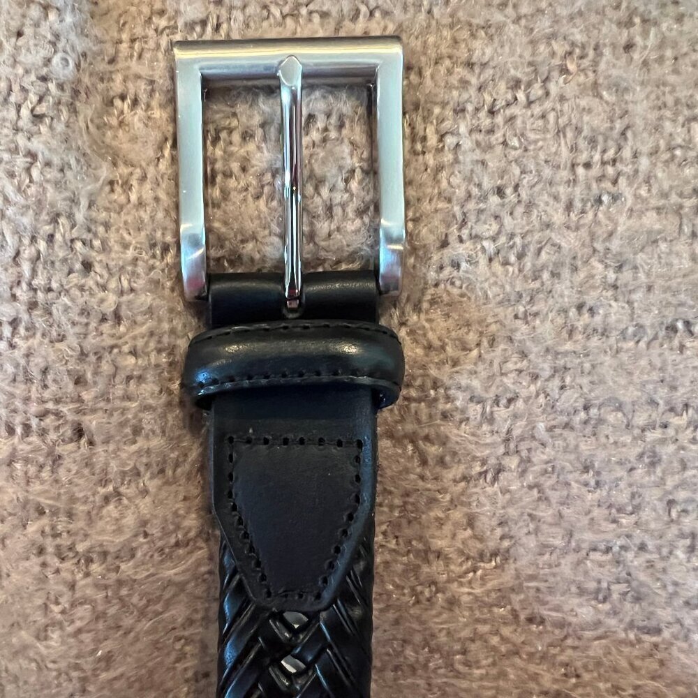 NWT Men's Leather Trim Black Belt, Silver Buckle, Braided Look, Size 42